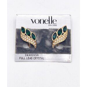 Vintage Vonelle Swarovski Full Lead Crystal Emerald Green Gold Clip On Earrings